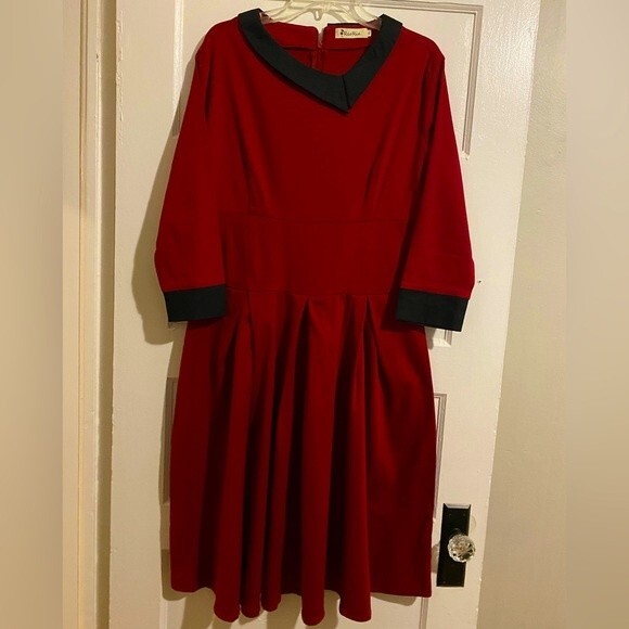 ReoRia Scarlet Red 50s Vintage Long Sleeve Large Pleated Dress - Picture 1 of 10